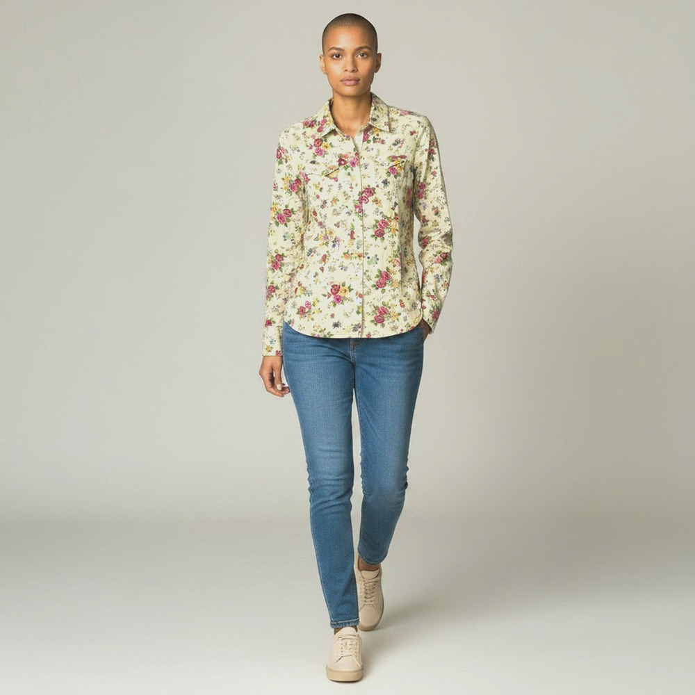 Vintage Y2K LEI Yellow Floral Blouse Large Button Front 100% Cotton